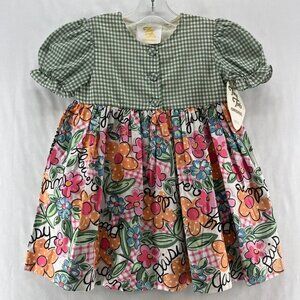 Tiny Tots Original Vintage Dress Girls Size 2T Gingham Floral Puff Sleeves Green